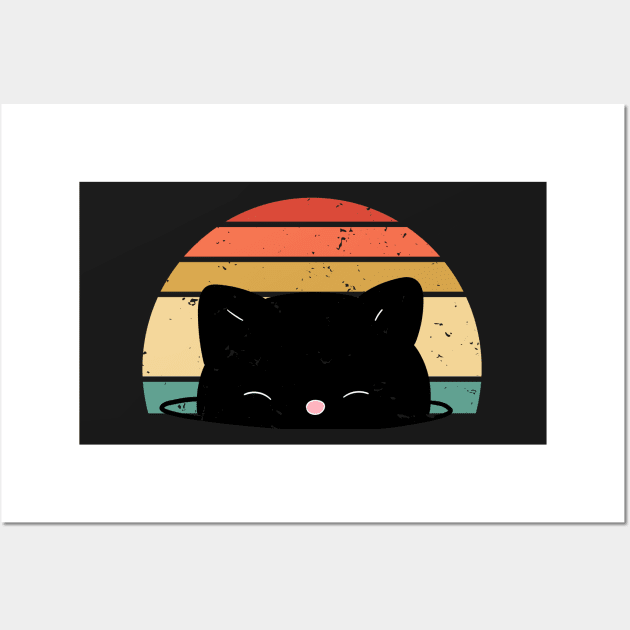 Retro sunset Cute Black Cat face Wall Art by WassilArt